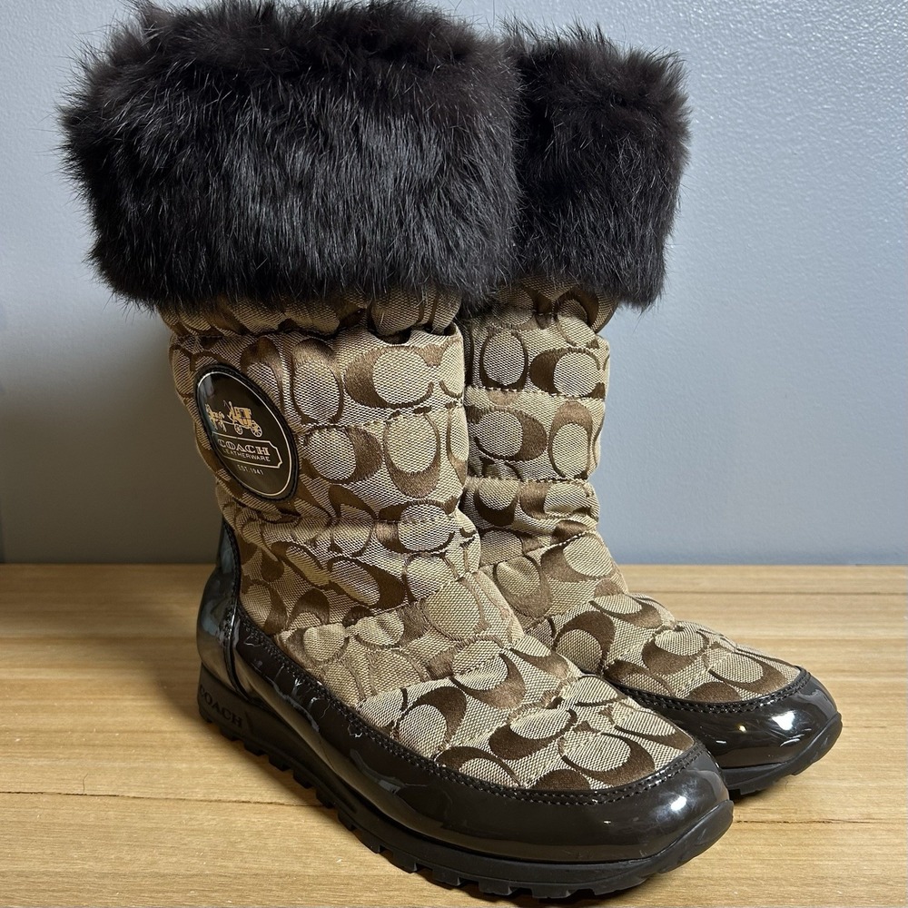 Coach Joyous Brown Biege Signature Jacquard Monogram Faux Fur Cuff Winter Boots